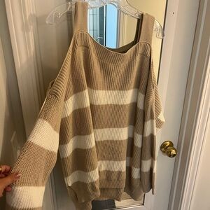 Style & Co. Off-the-Shoulder Tan and White Sweater